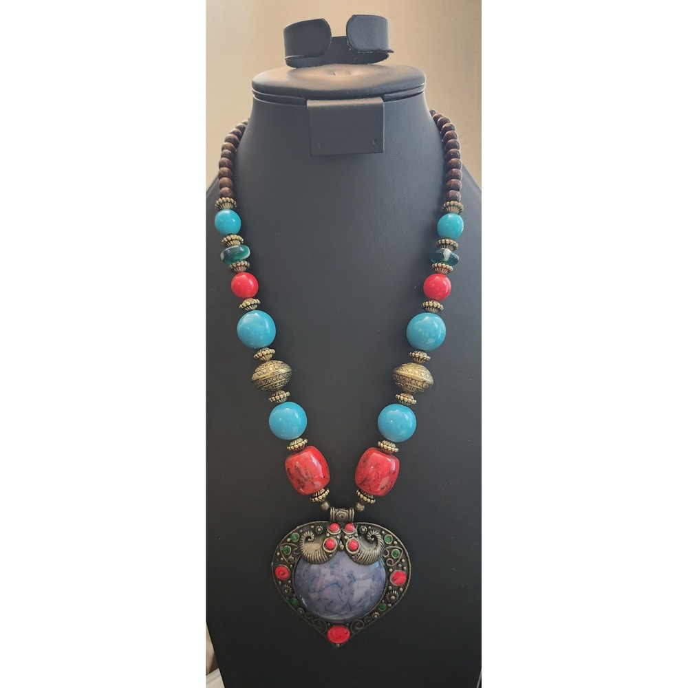 Boho Tribal Statement Necklace Turquoise Red Wood Bead Ornate Heart Pendant